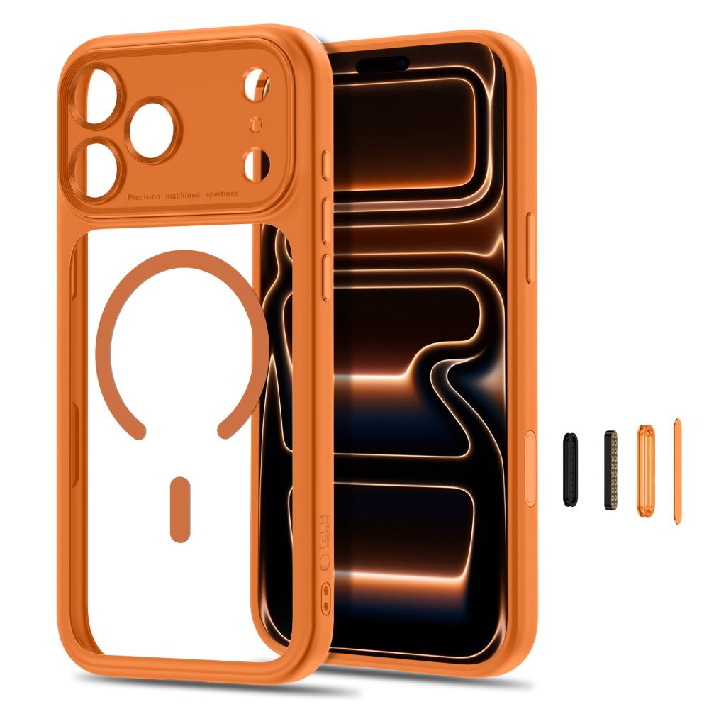 Dėklas Tech-Protect MagPeak MagSafe CC iPhone 17 Pro / 18 Pro, kosminis oranžinis/skaidrus