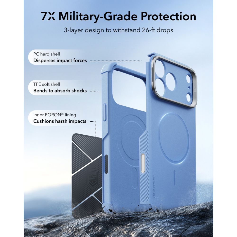 Dėklas ESR Cyber Tough Kickstand MagSafe iPhone 17 Pro Max / 18 Pro Max, šviesiai mėlynas