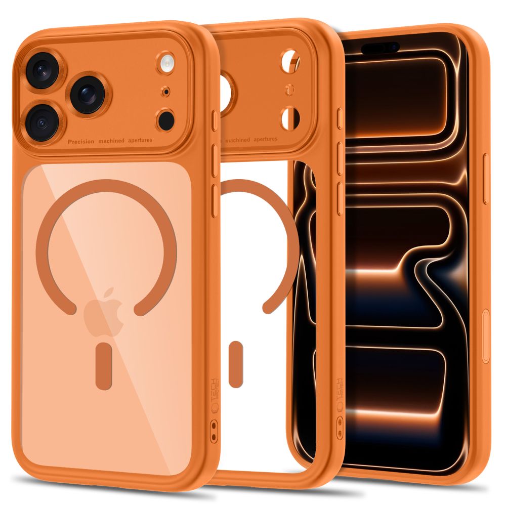 Dėklas Tech-Protect MagPeak MagSafe CC iPhone 17 Pro / 18 Pro, kosminis oranžinis/skaidrus