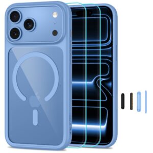 Dėklas su apsauginiu stiklu Tech-Protect MagOne MagSafe CC, iPhone 17 Pro / 18 Pro, šviesiai mėlynas/skaidrus