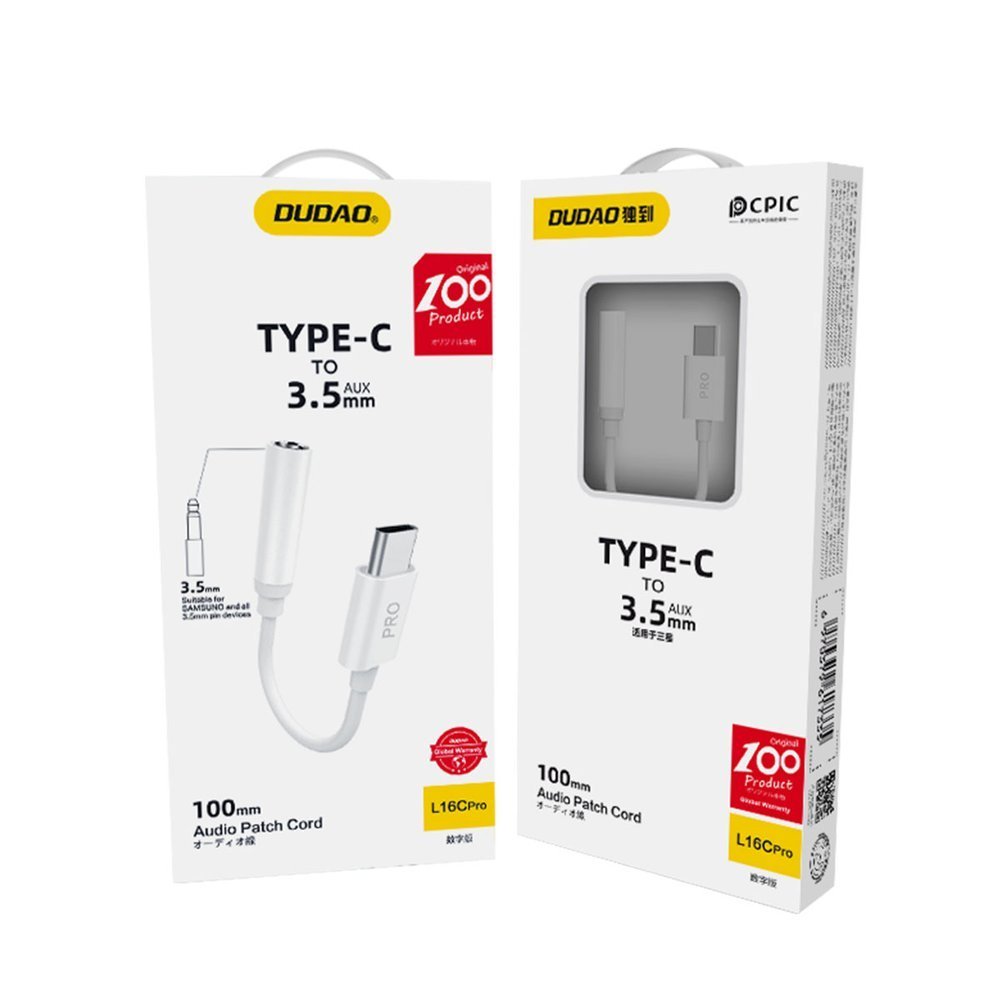 Dudao garso adapterio ausinių adapteris nuo C tipo USB iki mini lizdo 3,5 mm baltas (L16CPro baltas)