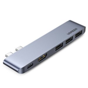 HUB Ugreen 60559 2x USB-C / USB-C PD (Thunderbolt 3, 100W, 4K 60 Hz, 10 Gbps) / HDMI 4K 30 Hz / 3x USB 3.0 skirtas MacBook Pro / Air - Pilka