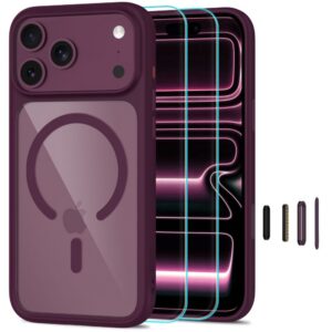 Dėklas Tech-Protect MagOne MagSafe CC + apsauginis stiklas (2 vnt.) iPhone 17 Pro Max / 18 Pro Max, tamsiai vyšninis/skaidrus