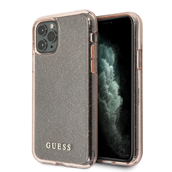 Guess dėklas iPhone 11 Pro – rožinis, blizgučiai