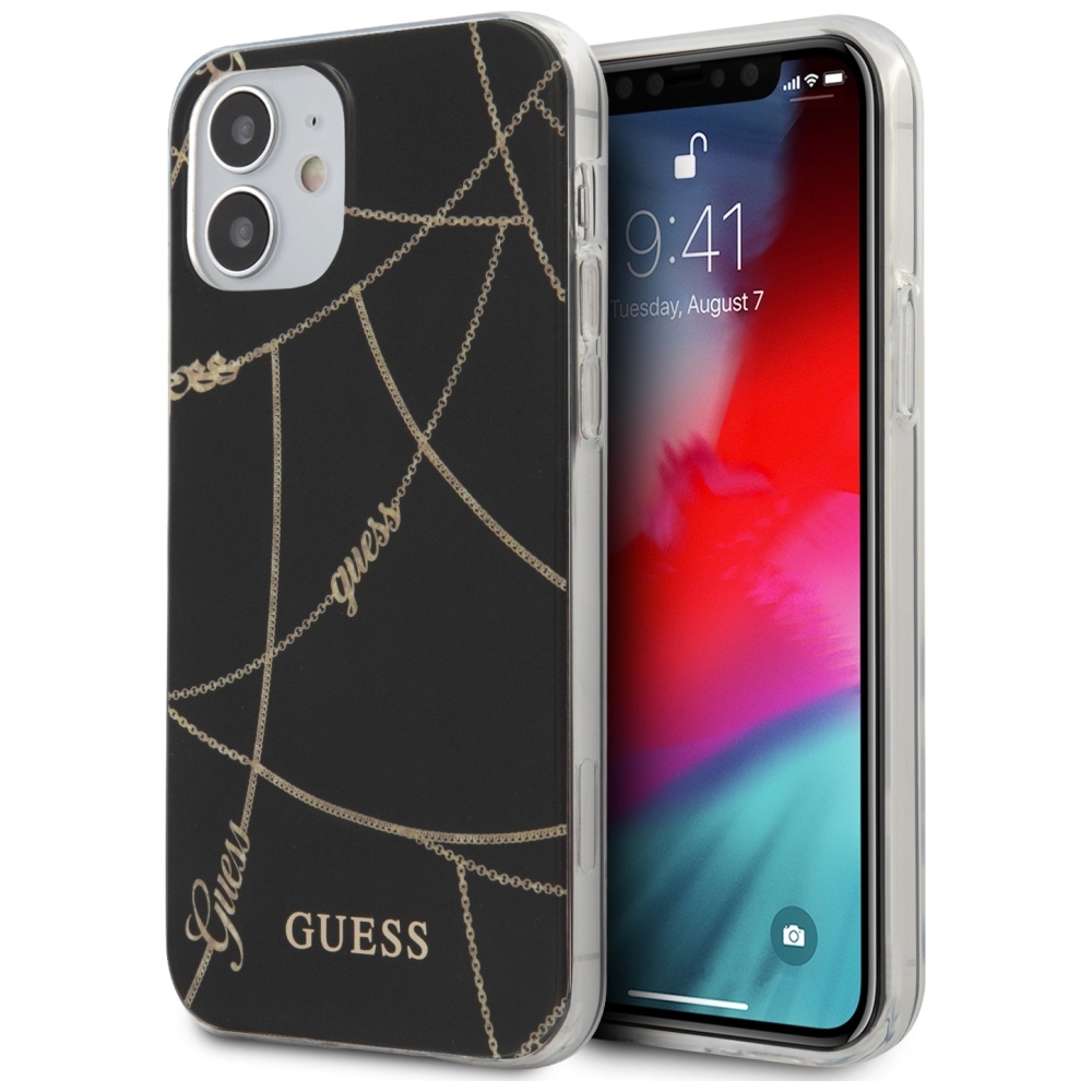 Guess dėklas iPhone 12 mini – juodas, Gold Chain