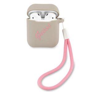 Guess silikoninis dėklas AirPods – pilkai rožinis