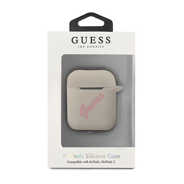 Guess silikoninis dėklas AirPods – pilkai rožinis