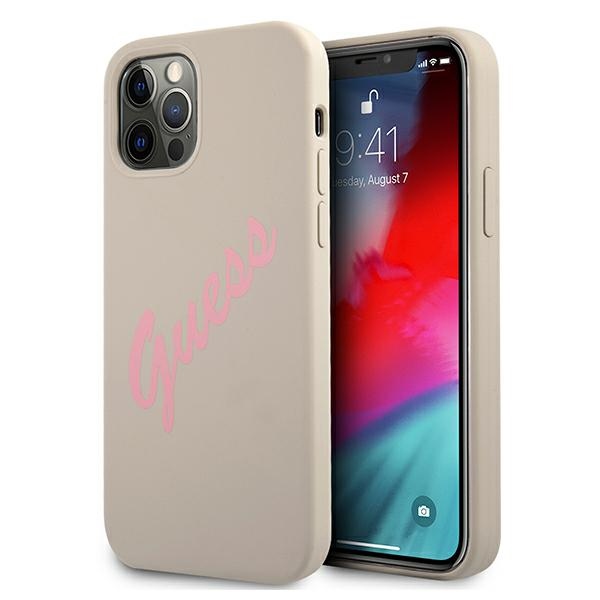 Guess silikoninis dėklas iPhone 12 / 12 Pro – pilkai rožinis