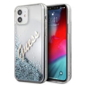 Guess dėklas iPhone 12 mini – mėlynas, su blizgučiais