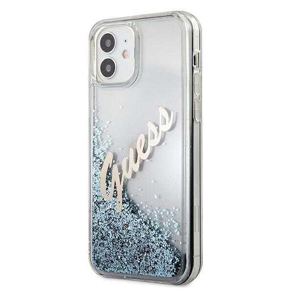 Guess dėklas iPhone 12 mini – mėlynas, su blizgučiais