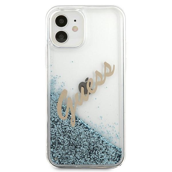 Guess dėklas iPhone 12 mini – mėlynas, su blizgučiais