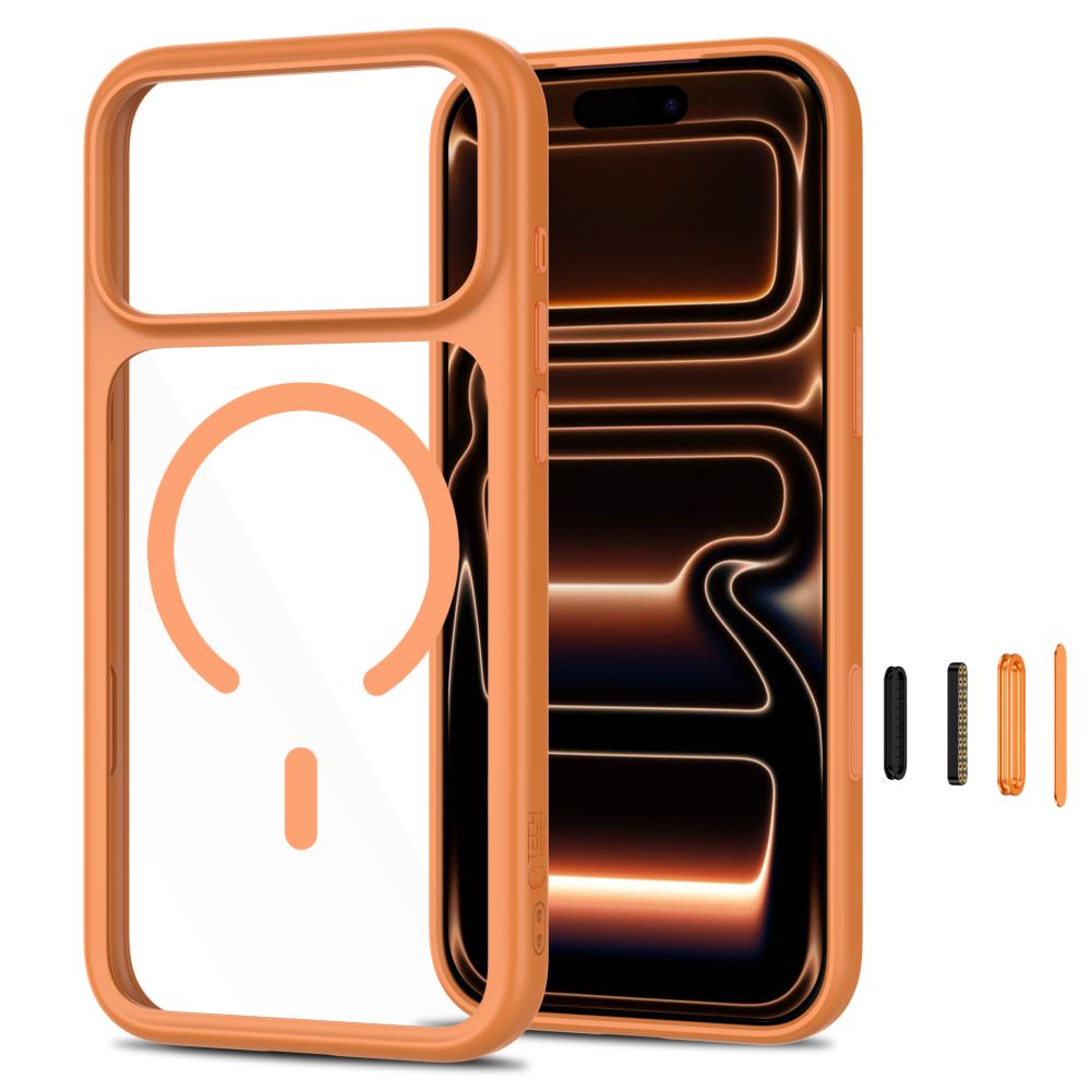 Dėklas Tech-Protect MagOne MagSafe CC + apsauginis stiklas 2 vnt. iPhone 17 Pro / 18 Pro, oranžinė/skaidrus