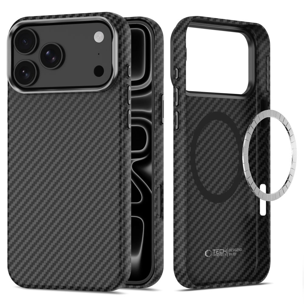 Dėklas Tech-Protect Ion Carbon MagSafe iPhone 17 Pro / 18 Pro, juodas/sidabrinis