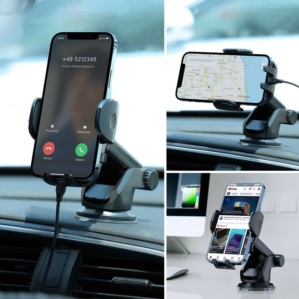 Joyroom automobilinis telefono laikiklis JR-ZS259 su teleskopine ištraukiama ranka prietaisų skydeliui ir priekiniam stiklui, juodas