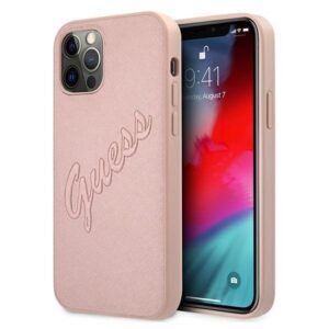 Guess Saffiano Vintage dėklas iPhone 12 Pro Max – rožinis