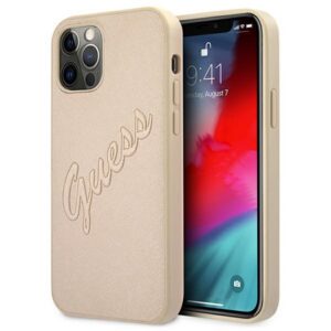 Guess Saffiano Vintage dėklas iPhone 12/12 Pro – auksinis