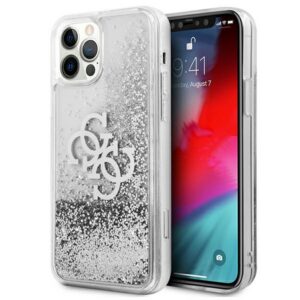 Guess dėklas iPhone 12 Pro Max – sidabrinis Liquid Glitter