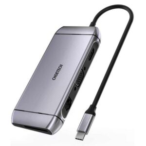 Choetech 9in1 daugiafunkcis USB Type C HUB - 3x USB 3.2 Gen 1 / SD ir TF atminties kortelių skaitytuvas / HDMI 4K 30Hz / VGA Full HD 60Hz / USB Type C / RJ45 pilkas (HUB-M15 gray)