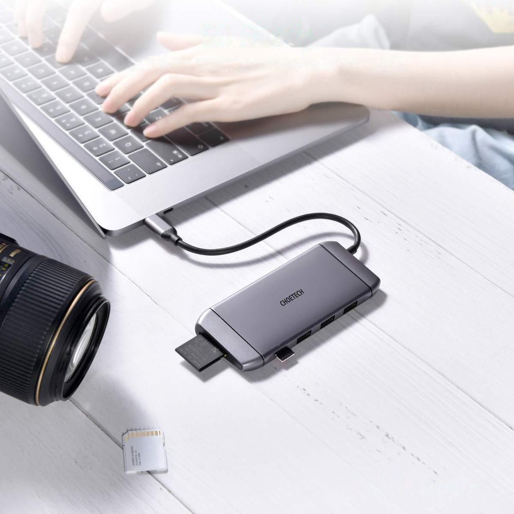 Choetech 9in1 daugiafunkcis USB Type C HUB - 3x USB 3.2 Gen 1 / SD ir TF atminties kortelių skaitytuvas / HDMI 4K 30Hz / VGA Full HD 60Hz / USB Type C / RJ45 pilkas (HUB-M15 gray)