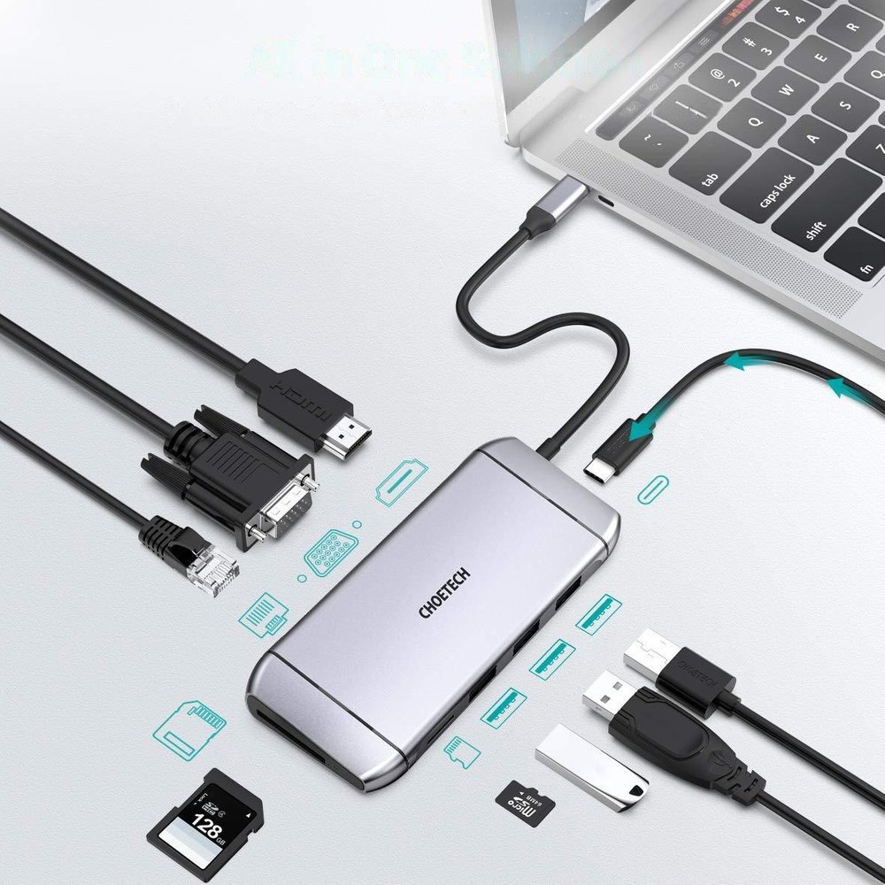 Choetech 9in1 daugiafunkcis USB Type C HUB - 3x USB 3.2 Gen 1 / SD ir TF atminties kortelių skaitytuvas / HDMI 4K 30Hz / VGA Full HD 60Hz / USB Type C / RJ45 pilkas (HUB-M15 gray)