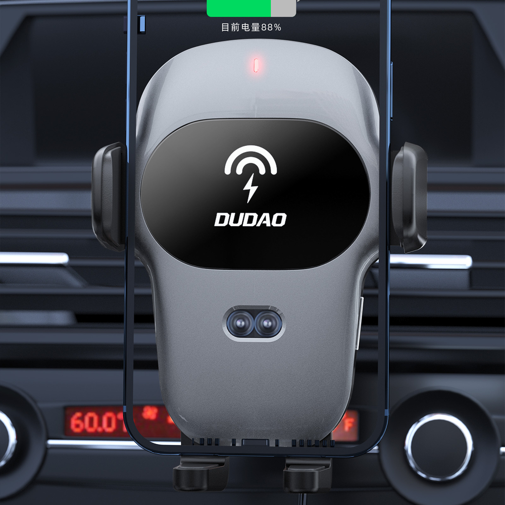 Dudao automatinis automobilinis laikiklis su integruotu Qi 15W belaidžiu įkrovikliu, pilkas (F20xs)