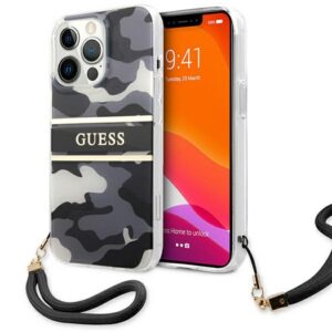 Guess dėklas iPhone 13 / 13 Pro – juodas, Camo dirželis