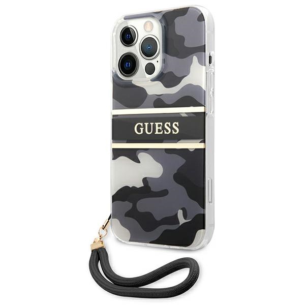 Guess dėklas iPhone 13 / 13 Pro – juodas, Camo dirželis