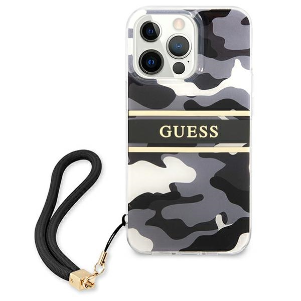Guess dėklas iPhone 13 / 13 Pro – juodas, Camo dirželis