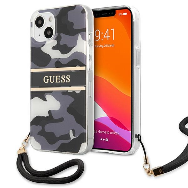 Guess dėklas iPhone 13 mini – juodas kamufliažas su dirželiu