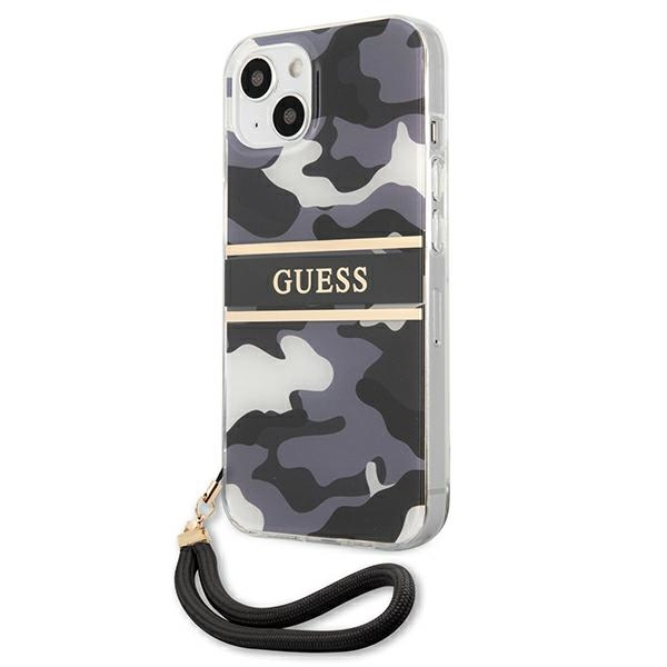 Guess dėklas iPhone 13 mini – juodas kamufliažas su dirželiu
