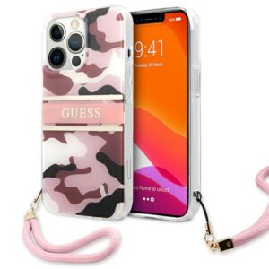 Guess dėklas su dirželiu iPhone 13 Pro Max – rožinis
