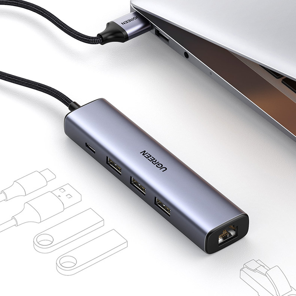 Ugreen daugiafunkcis adapteris HUB USB 3.0 - 3 x USB / Ethernet RJ-45 / USB Type C PD pilkas (CM475)