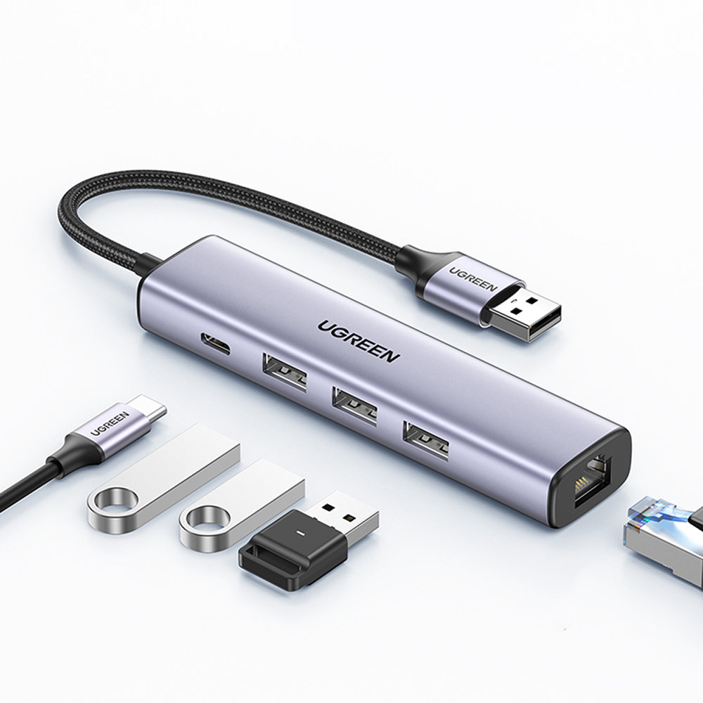 Ugreen daugiafunkcis adapteris HUB USB 3.0 - 3 x USB / Ethernet RJ-45 / USB Type C PD pilkas (CM475)