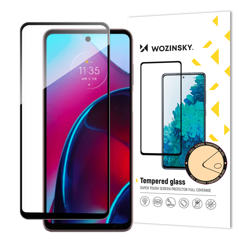 Wozinsky Full Glue grūdintas stiklas Motorola Moto G Stylus 2022 9H viso ekrano grūdintas stiklas su juodu rėmeliu