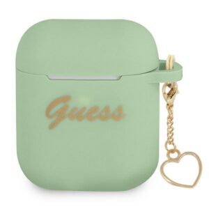 Guess silikoninis dėklas AirPods 1/2 – žalias, širdelės pakabukas