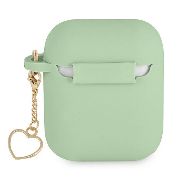 Guess silikoninis dėklas AirPods 1/2 – žalias, širdelės pakabukas