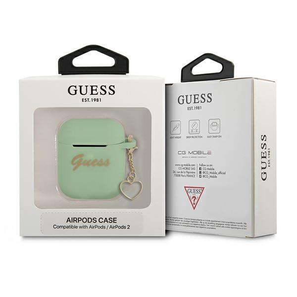 Guess silikoninis dėklas AirPods 1/2 – žalias, širdelės pakabukas