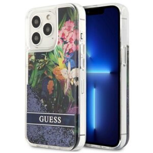 Guess Flower Liquid Glitter dėklas iPhone 13/13 Pro – mėlynas