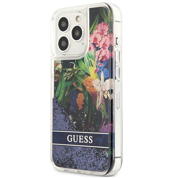 Guess Flower Liquid Glitter dėklas iPhone 13/13 Pro – mėlynas