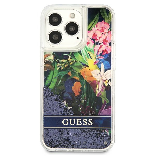 Guess Flower Liquid Glitter dėklas iPhone 13/13 Pro – mėlynas