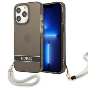 Guess skaidrus dėklas iPhone 13/13 Pro su dirželiu – juodas