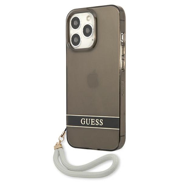 Guess skaidrus dėklas iPhone 13/13 Pro su dirželiu – juodas