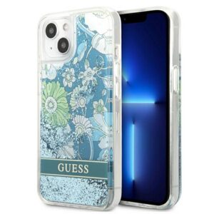 Guess dėklas iPhone 13 mini – žalias, gėlių blizgučiai