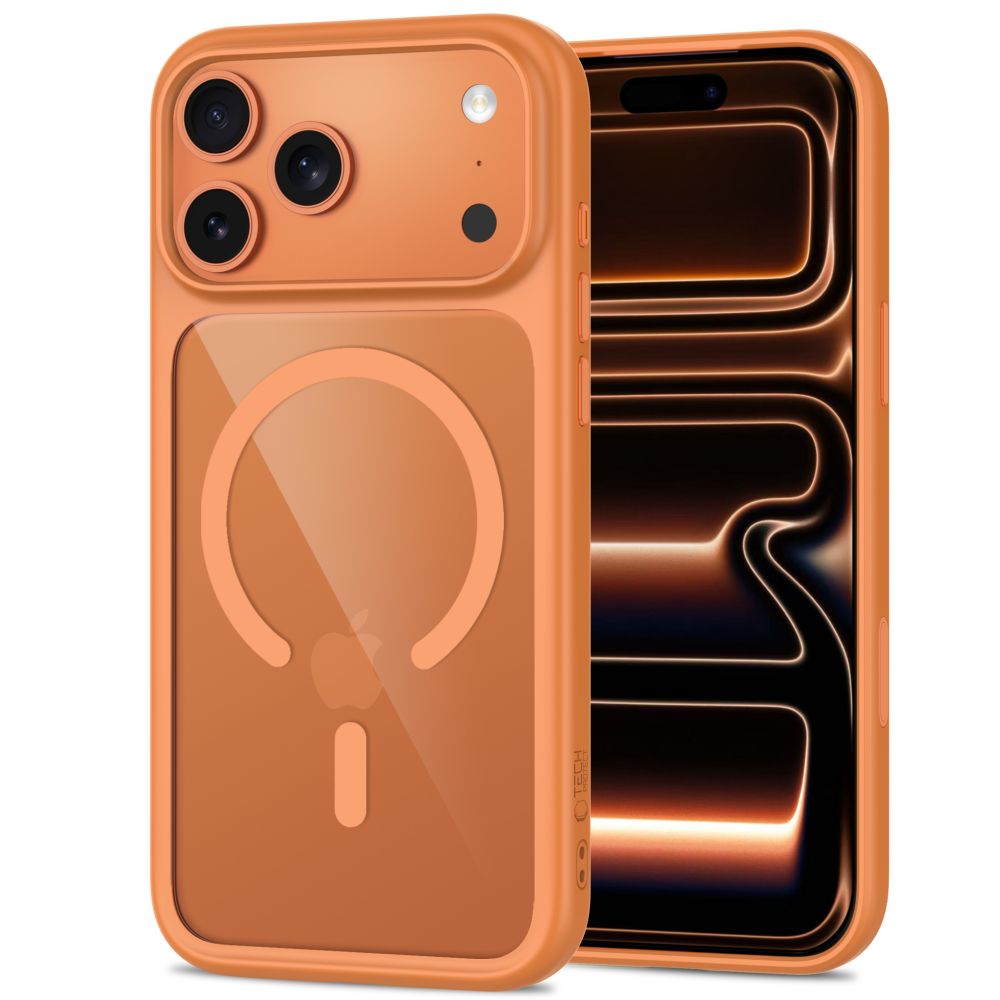 Dėklas Tech-Protect MagOne MagSafe CC + apsauginis stiklas 2 vnt. iPhone 17 Pro / 18 Pro, oranžinė/skaidrus