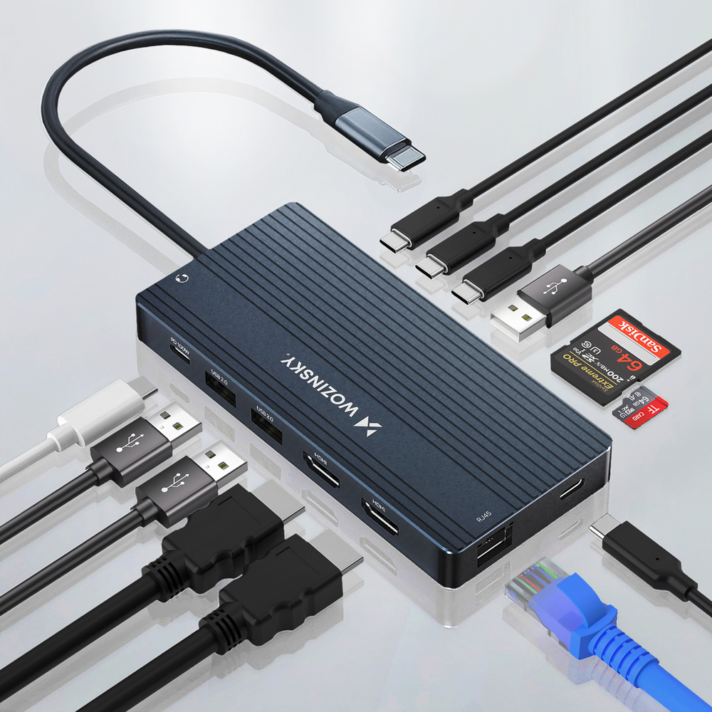 USB-C Hub 14 in 1 Wozinsky WDS03Y5S daugiafunkcinis, aliuminis, 3 monitoriams, su 15 cm kabeliu - pilkas