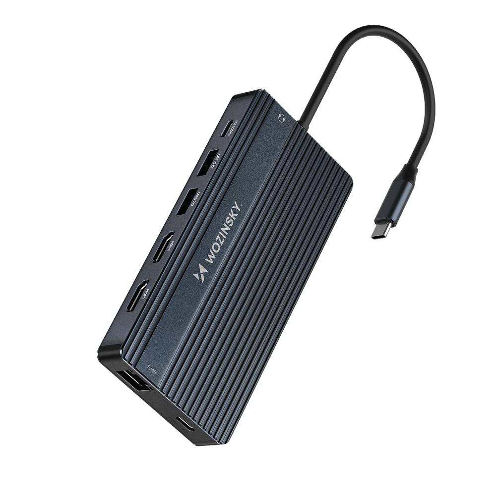 USB-C Hub 14 in 1 Wozinsky WDS03Y5S daugiafunkcinis, aliuminis, 3 monitoriams, su 15 cm kabeliu - pilkas