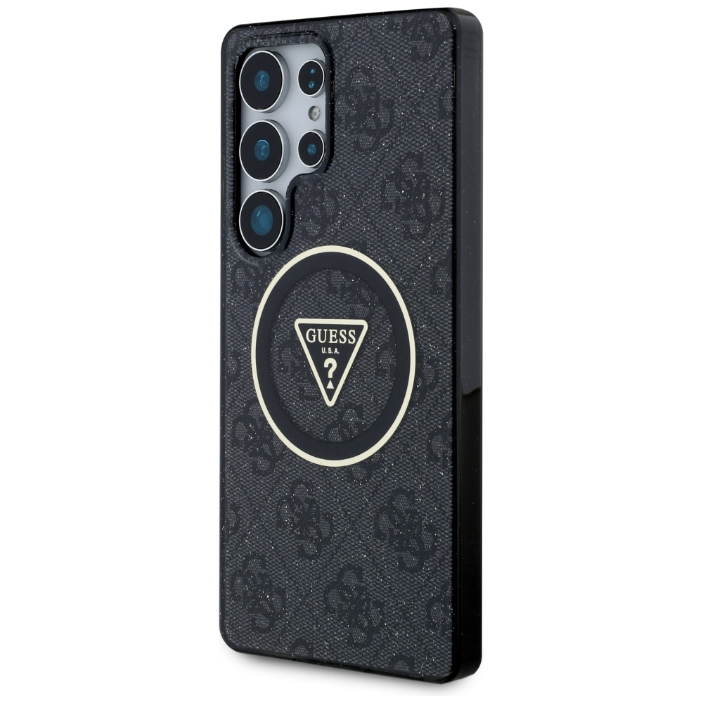 Guess 4G Glitter Triangle Buttons MagSafe dėklas skirtas Samsung Galaxy S25 Ultra juodas