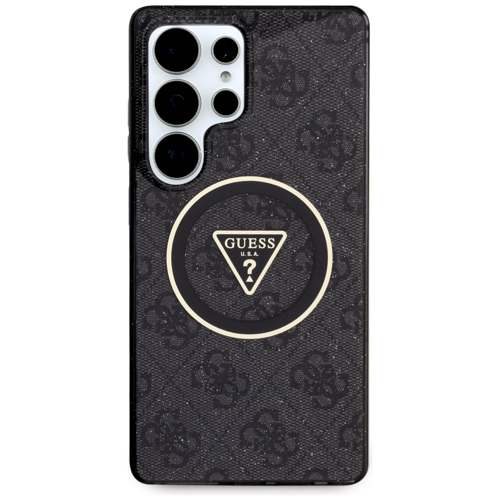 Guess 4G Glitter Triangle Buttons MagSafe dėklas skirtas Samsung Galaxy S25 Ultra juodas