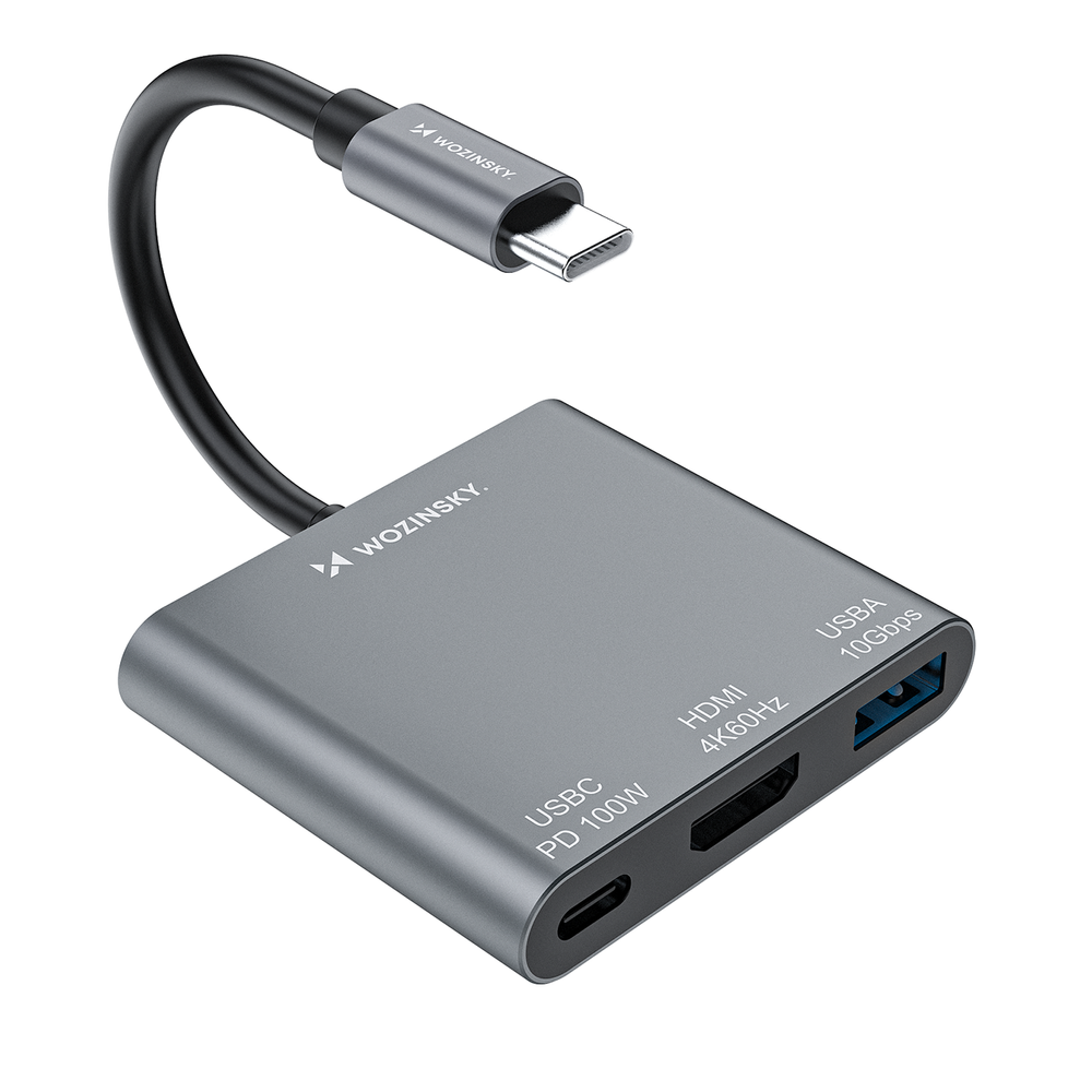 Sujungtuvas Wozinsky WHCH-01 USB-C PD 100W HDMI 4K@30Hz USB-A 10Gbps - pilka