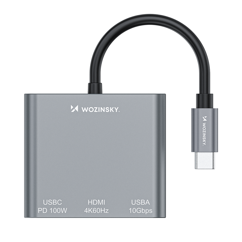 Sujungtuvas Wozinsky WHCH-01 USB-C PD 100W HDMI 4K@30Hz USB-A 10Gbps - pilka